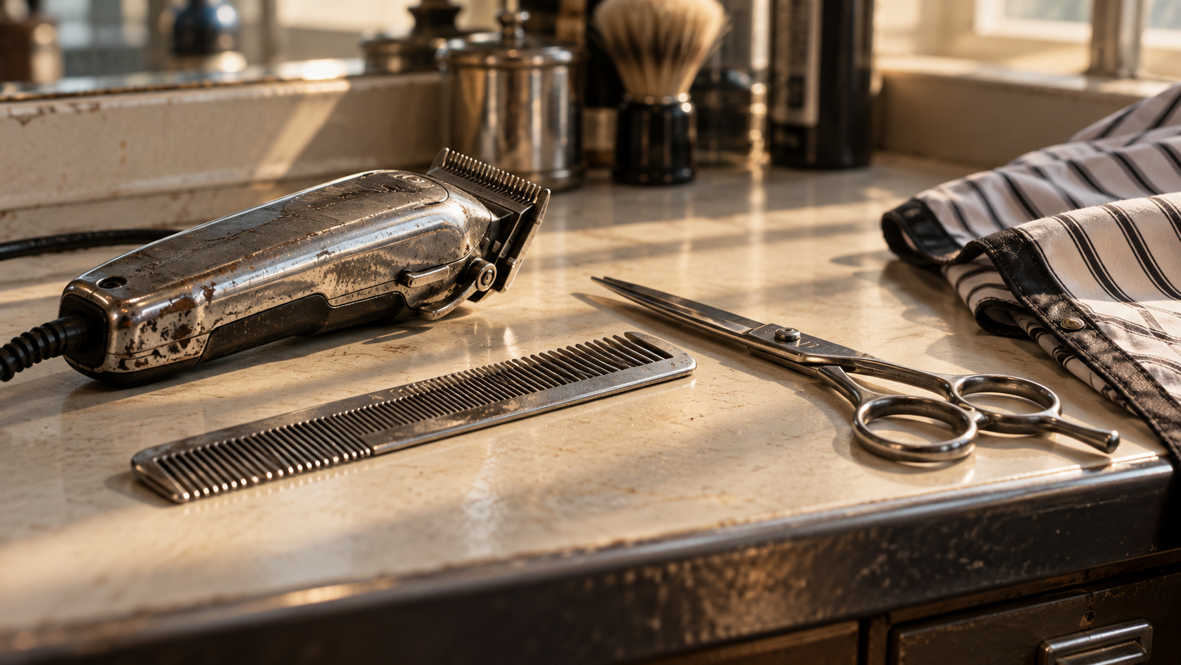 Illustrative still life of worn barber tools on a counter