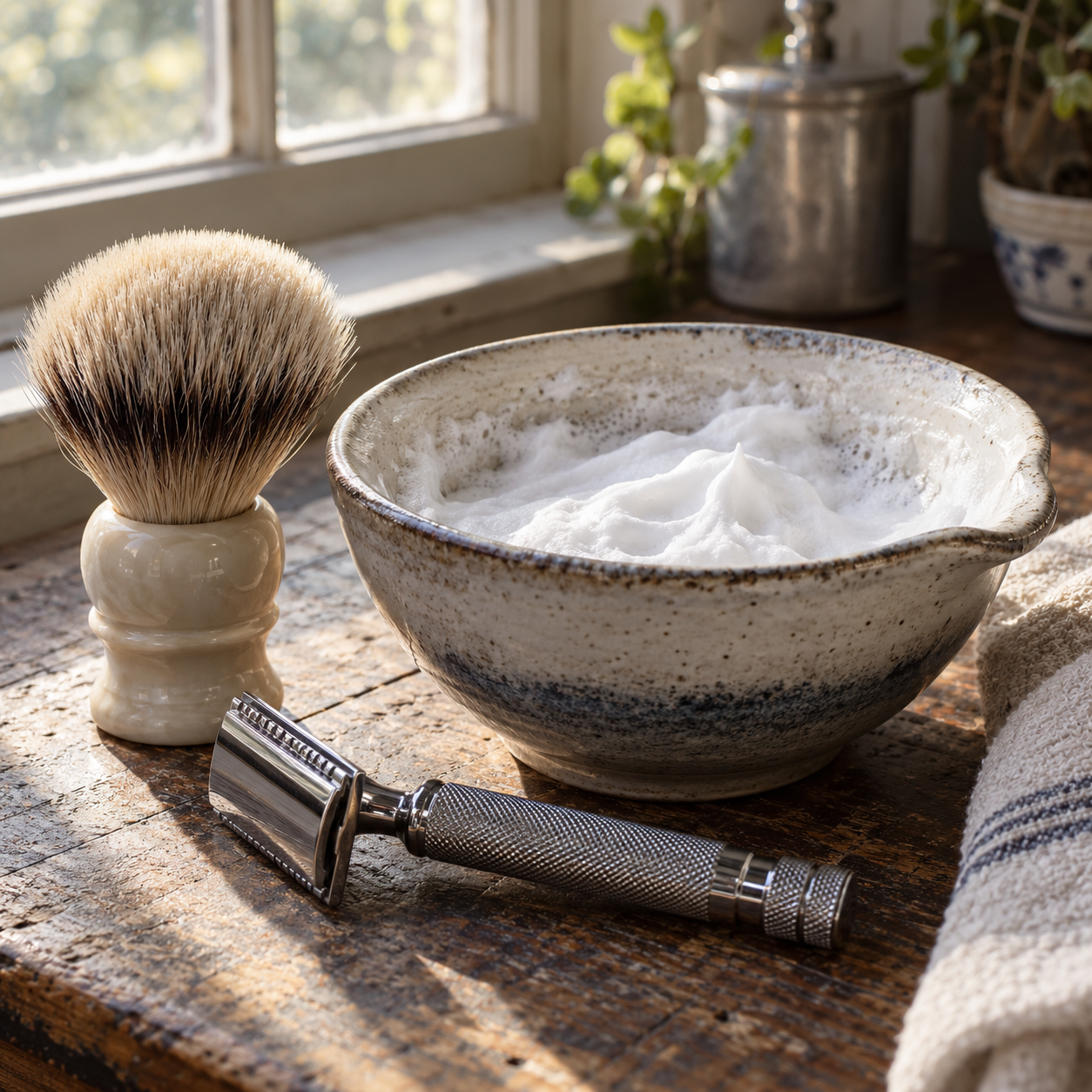 Illustrative still life of a shaving brush, lather bowl, and razor